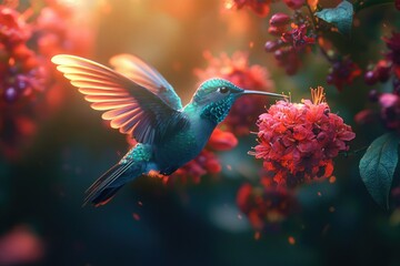 Poster - Vibrant hummingbird hovers near radiant red blossoms, bathed in golden sunlight.