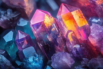 Poster - Vibrant cluster of amethyst, quartz, and other crystals showcasing iridescent colors and sharp formations.