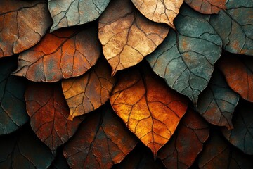 Aufkleber - Intricate, metallic-looking autumn leaves arranged in an overlapping pattern, showcasing rich earthy tones and textures.