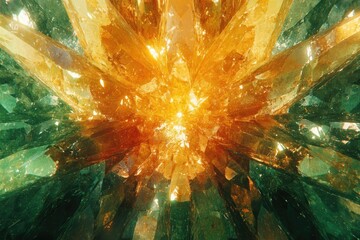 Leinwandbilder - A mesmerizing view inside a geode, showcasing vibrant green and golden crystals radiating outwards from a central light source.