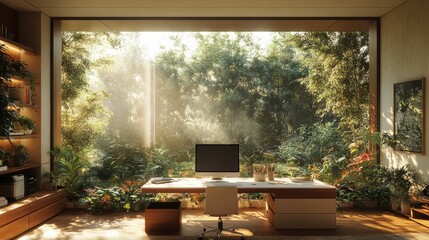 Wall Mural - A serene home office featuring a clean desk setup, a desktop computer, and a view of a lush garden through a large window 