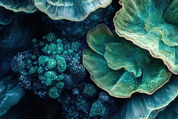 Poster - Abstract underwater scene with bioluminescent coral formations and textured surfaces in teal and green shades.