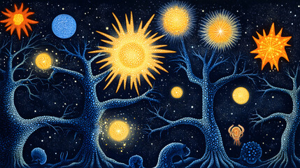 Wall Mural - surreal painting of a tree surrounded by stars and tulips in a cosmic landscape