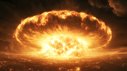 Poster - Large explosion with fire and smoke billowing into the sky during daytime captured in a dramatic scene
