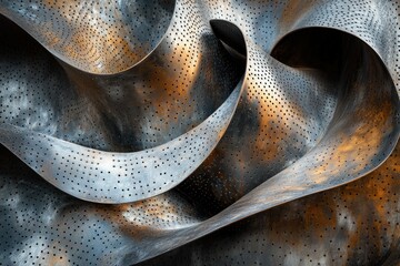 Leinwandbilder - Abstract metal sculpture with swirling, perforated sheets creating a dynamic, textured composition.