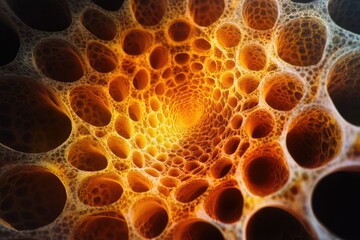 Poster - Intricate, honeycomb-like structure, glowing orange and brown, creates a mesmerizing tunnel effect.