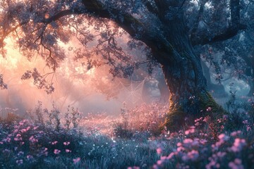 Poster - Enchanted forest bathed in sunrise, a spiderweb hangs delicately from an ancient tree, surrounded by wildflowers.