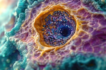 Poster - Microscopic view of vibrant, multicolored cellular structures with intricate details, resembling an alien landscape.