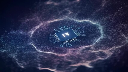 Poster - Ai chip surrounded by glowing particles. Futuristic technology concept. Digital network visualization. Artificial intelligence and machine learning. Abstract background for tech innovation