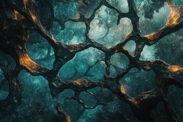 Aufkleber - Intricate, glowing tree branches form a surreal, ethereal forest canopy.