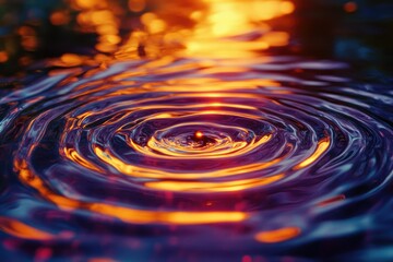 Poster - Vibrant concentric ripples on water surface illuminated by warm sunset hues, creating a mesmerizing abstract image.