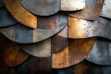 Aufkleber - Overlapping metal scales in bronze and gray tones, riveted together, create a textured, industrial aesthetic.
