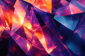 Poster - Abstract image of vibrant, multifaceted geometric shapes with purple, orange, and blue hues.