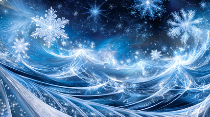 Poster - Blue background with snowflakes and stars creating a winter wonderland scene