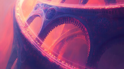 Poster - Futuristic city landscape featuring a giant clock structure and geometric patterns in the foreground