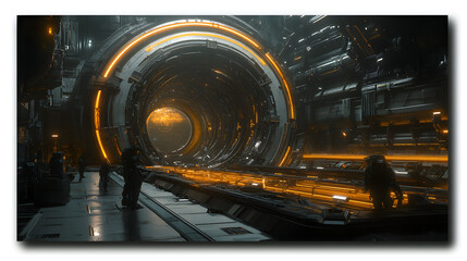 Poster - Man walking through an intricate geometric tunnel with abstract design patterns
