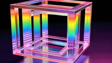 Poster - An abstract perspective of a vibrant metallic cube frame illuminated by neon colors at an artistic showcase, creating a mesmerizing visual effect in a modern setting