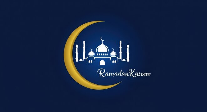 A blue and golden design a crescent moon a silhouette of a mosque with multiple domes and minarets symbolizing Islamic architecture Below the crescent moon and mosque the text Ramadan Kareem written