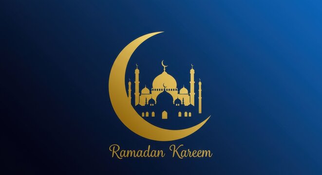 A blue and golden design a crescent moon a silhouette of a mosque with multiple domes and minarets symbolizing Islamic architecture Below the crescent moon and mosque the text Ramadan Kareem written