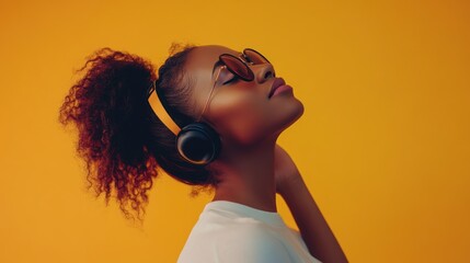 Modern and cool woman listening music on headphones with smiley and happy attitude on trendy color background