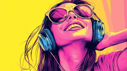 Modern and cool woman listening music on headphones with smiley and happy attitude on trendy color background