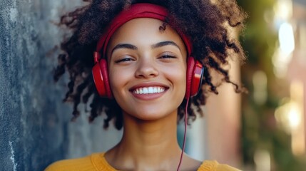 Modern and cool woman listening music on headphones with smiley and happy attitude on trendy color background