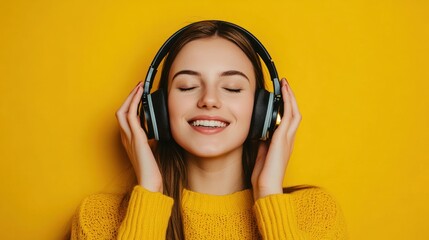 Modern and cool woman listening music on headphones with smiley and happy attitude on trendy color background