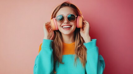 Modern and cool woman listening music on headphones with smiley and happy attitude on trendy color background