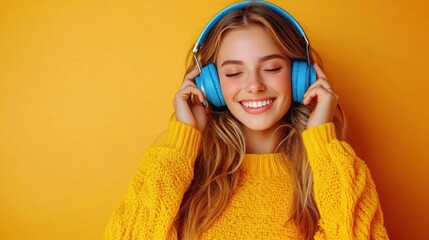 Wall Mural - Modern and cool woman listening music on headphones with smiley and happy attitude on trendy color background