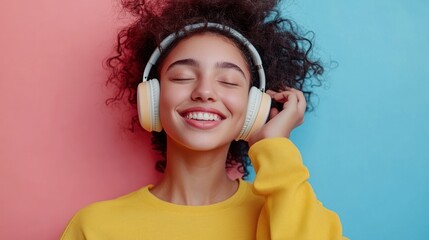 Wall Mural - Modern and cool woman listening music on headphones with smiley and happy attitude on trendy color background