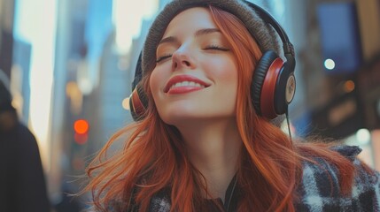 Wall Mural - Modern and cool woman listening music on headphones with smiley and happy attitude on trendy color background