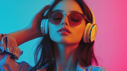 Wall Mural - Modern and cool woman listening music on headphones with smiley and happy attitude on trendy color background