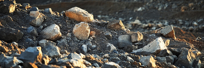 Poster - Closeup view of rocks and earth at excavation site. Generative AI