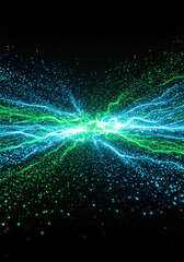 Fototapete - Light blue and green lines glowing in the background, data particles floating in the air. Vertical.