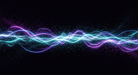 Fototapete - Background with glowing light blue and purple lines, particles of data flowing in the air.