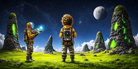Wall Mural - Astronauts explore a vibrant alien world with strange rock formations under a starry sky and a large moon.