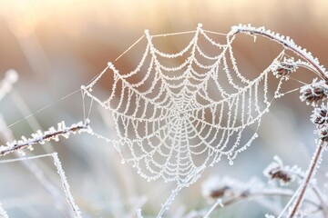 Intricate close up of a frosted spider web glimmering in a winter forest landscape