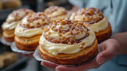 Wall Mural - A person is holding a mouthwatering cinnamon roll that has been prepared and topped with creamy white cream.