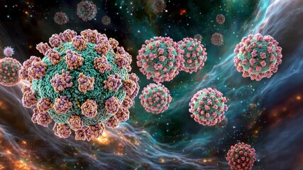 Microscopic Virus Particles In Cosmic Nebula Teal, Pink, And Gold 3D Rendering.Image Description.jpg 3D Image. Virus Particles. Space Nebula. Swirling Colors. High Resolution. Scientific