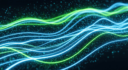 Leinwandbilder - Light blue and green lines glowing in the background, data particles floating in the air.