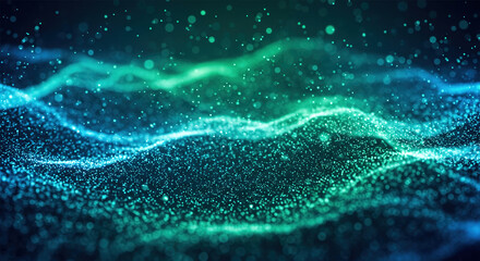 Fototapete - Light blue and green lines glowing in the background, data particles floating in the air.