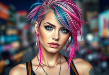 Sticker - Edgy young woman with rainbow-dyed hair and bold makeup