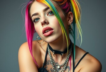 Sticker - Edgy young woman with rainbow-dyed hair and bold makeup