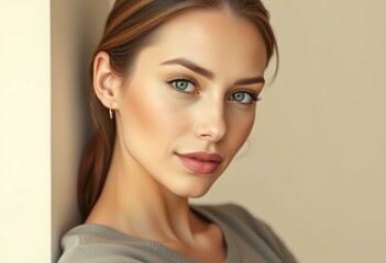 Wall Mural - Photorealistic portrait of a woman with neutral makeup and simple clothing