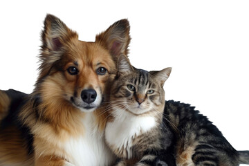 Fototapete - Close up of corgi and tabby cat sitting together isolated on transparent background