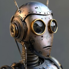 Poster - A sophisticated steampunk robot head with gold-rimmed lenses and intricate metallic details on a neutral gray background showcases creative mechanical artistry.