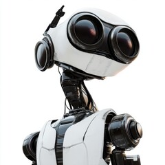 Poster - Close-up of a retro futuristic robot with big eyes on a white background. The robot has a black neck and white body. The background is bright, making the robot stand out.