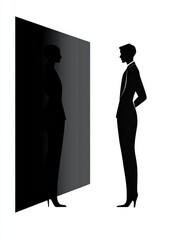 Poster - Silhouettes of a woman and a man standing opposite each other, illustrating contrast and connection in a minimalist style. Generative AI