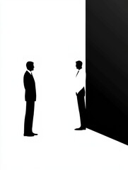 Poster - Two silhouettes stand facing each other at the edge of a stark contrast between black and white. Generative AI