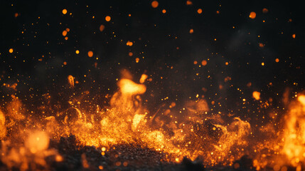 Poster - Fiery landscape with falling ash particles and dark smoky atmosphere for dynamic design